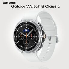 Galaxy Watch 8 Classic | 46 мм | Black | Sport/White | S/M, Тип ремешка : Sport, Размер корпуса : 46 мм, Цвет: Black, Цвет ремешка: White, Размер ремешка : S/M, Подключение часов : Bluetooth / Wi-Fi