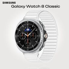 Galaxy Watch 8 Classic | 46 мм | 4G LTE | Black | Fabric/White | S/M, Тип ремешка : Fabric, Размер корпуса : 46 мм, Цвет: Black, Цвет ремешка: White, Размер ремешка : S/M, Подключение часов : Bluetooth / Wi-Fi + 4G LTE