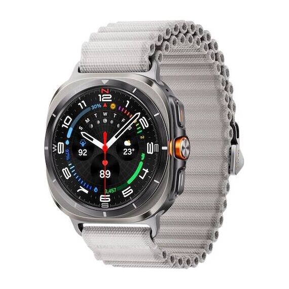 Galaxy Watch Ultra | 47 mm | Titanium Silver | Trail/White Sand, Размер ремешка : M/L, Цвет ремешка: White Sand, Тип ремешка : Trail, Размер корпуса : 47 мм, Цвет: Titanium Silver, Подключение часов : Bluetooth / Wi-Fi + 4G LTE