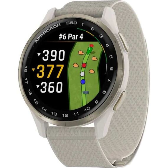Смарт-часы Garmin Approach S50 Cream Gold Aluminum Bezel with Ivory ComfortFit Nylon Band, Версия: S50, Цвет: Cream Gold Aluminum Bezel/Ivory ComfortFit Nylon Band