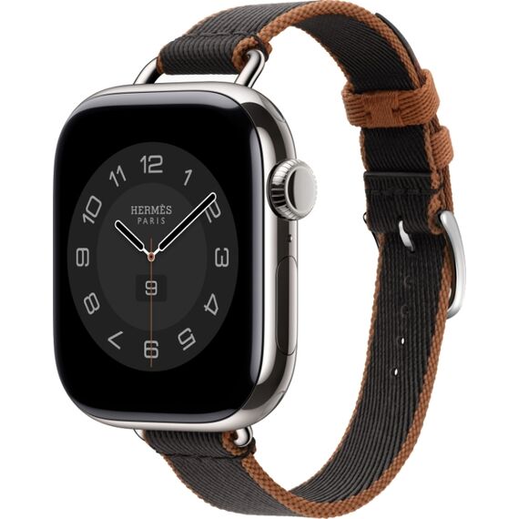 Apple Watch Hermès Series 10 | 42 мм | Twill Jump Attelage Single Tour Noir/Gold, Размер ремешка : 140–175 мм, Размер корпуса : 42 мм, Цвет: Noir/Gold