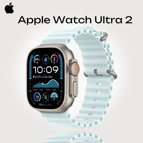 Apple Watch Ultra 2 GPS + Cellular (49 мм) | Ocean Band Ice Blue, Размер ремешка : 130–200 мм, Размер корпуса : 49 мм, Цвет: Light Blue