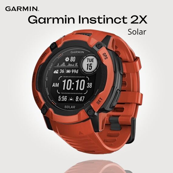 Смарт-часы Garmin Instinct 2X Solar Standard Edition Flame Red, Версия: Standard, Размер корпуса : 50 мм, SOLAR (Версии с линзами для зарядки от солнечной батареи собирают солнечную энергию и продлевают срок службы батареи.): Да, Цвет: Flame Red