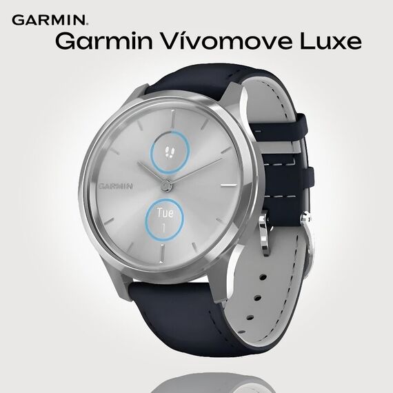 Смарт-часы Garmin Vívomove Luxe Silver Stainless Steel Case/Navy Italian Leather Band, Версия: Vívomove Luxe, Цвет: Silver Stainless Steel Case/Navy Italian Leather