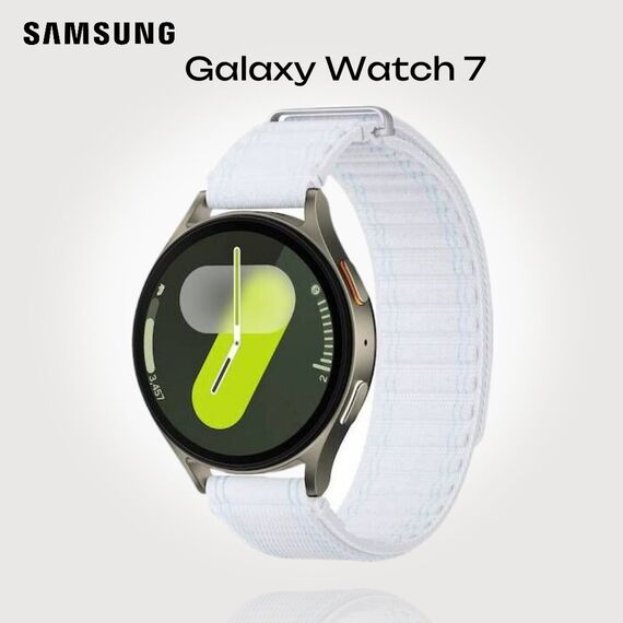 Samsung Galaxy Watch 7 | 44 mm | 4G LTE | Green | Fabric/Blue White | M/L, Размер ремешка : M/L, Цвет ремешка: Blue White, Тип ремешка : Fabric, Размер корпуса : 44 мм, Цвет: Green, Подключение часов : Bluetooth / Wi-Fi + 4G LTE