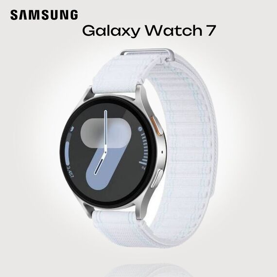 Samsung Galaxy Watch 7 | 44 mm | 4G LTE | Silver | Fabric/Blue White | M/L, Размер ремешка : M/L, Цвет ремешка: Blue White, Тип ремешка : Fabric, Размер корпуса : 44 мм, Цвет: Silver, Подключение часов : Bluetooth / Wi-Fi + 4G LTE