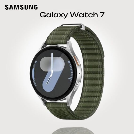 Samsung Galaxy Watch 7 | 44 mm | 4G LTE | Silver | Fabric/Green | S/M, Размер ремешка : S/M, Цвет ремешка: Green, Тип ремешка : Fabric, Размер корпуса : 44 мм, Цвет: Silver, Подключение часов : Bluetooth / Wi-Fi + 4G LTE
