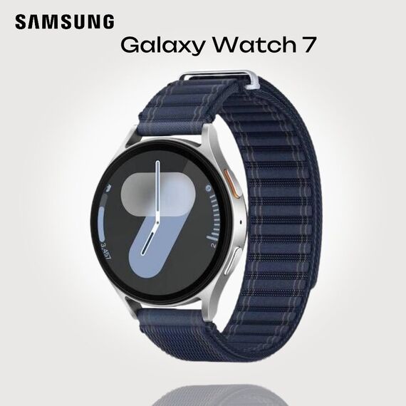 Samsung Galaxy Watch 7 | 44 mm | 4G LTE | Silver | Fabric/Navy | M/L, Размер ремешка : M/L, Цвет ремешка: Navy, Тип ремешка : Fabric, Размер корпуса : 44 мм, Цвет: Silver, Подключение часов : Bluetooth / Wi-Fi + 4G LTE