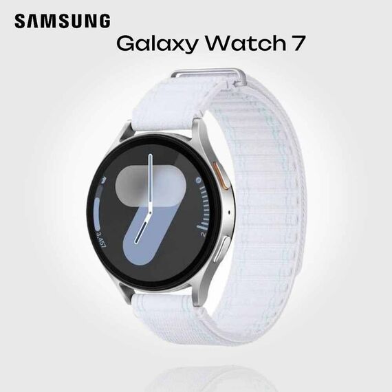 Samsung Galaxy Watch 7 | 44 mm | Silver | Fabric/Blue White | M/L, Размер ремешка : M/L, Цвет ремешка: Blue White, Тип ремешка : Fabric, Размер корпуса : 44 мм, Цвет: Silver, Подключение часов : Bluetooth / Wi-Fi