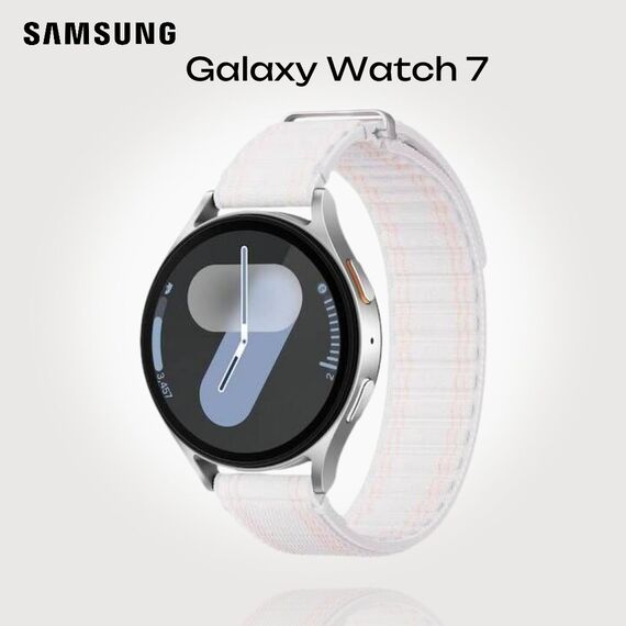 Samsung Galaxy Watch 7 | 44 mm | Silver | Fabric/Pink White | S/M, Размер ремешка : S/M, Цвет ремешка: Pink White, Тип ремешка : Fabric, Размер корпуса : 44 мм, Цвет: Silver, Подключение часов : Bluetooth / Wi-Fi