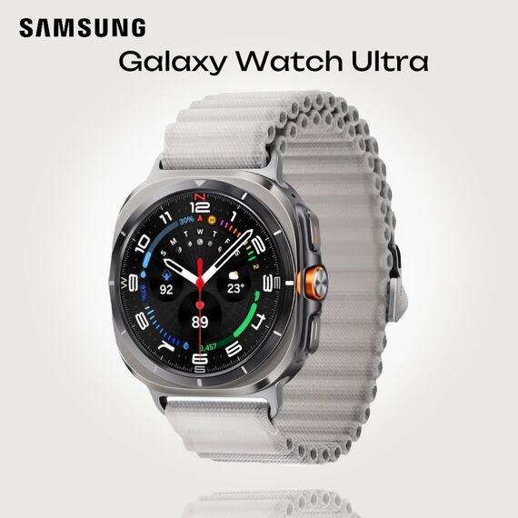 Galaxy Watch Ultra | 47 mm | Titanium Silver | Trail/White Sand, Размер ремешка : M/L, Цвет ремешка: White Sand, Тип ремешка : Trail, Размер корпуса : 47 мм, Цвет: Titanium Silver, Подключение часов : Bluetooth / Wi-Fi + 4G LTE