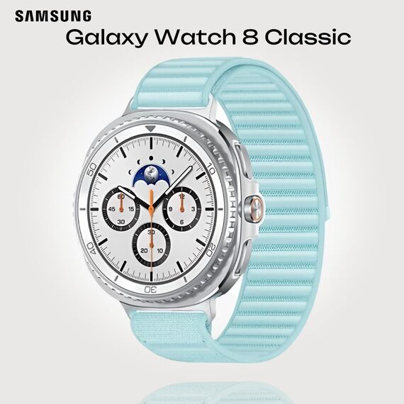 Galaxy Watch 8 Classic | 46 мм | 4G LTE | White | Fabric/Mint | M/L, Тип ремешка : Fabric, Размер корпуса : 46 мм, Цвет: White, Цвет ремешка: Mint, Размер ремешка : M/L, Подключение часов : Bluetooth / Wi-Fi + 4G LTE